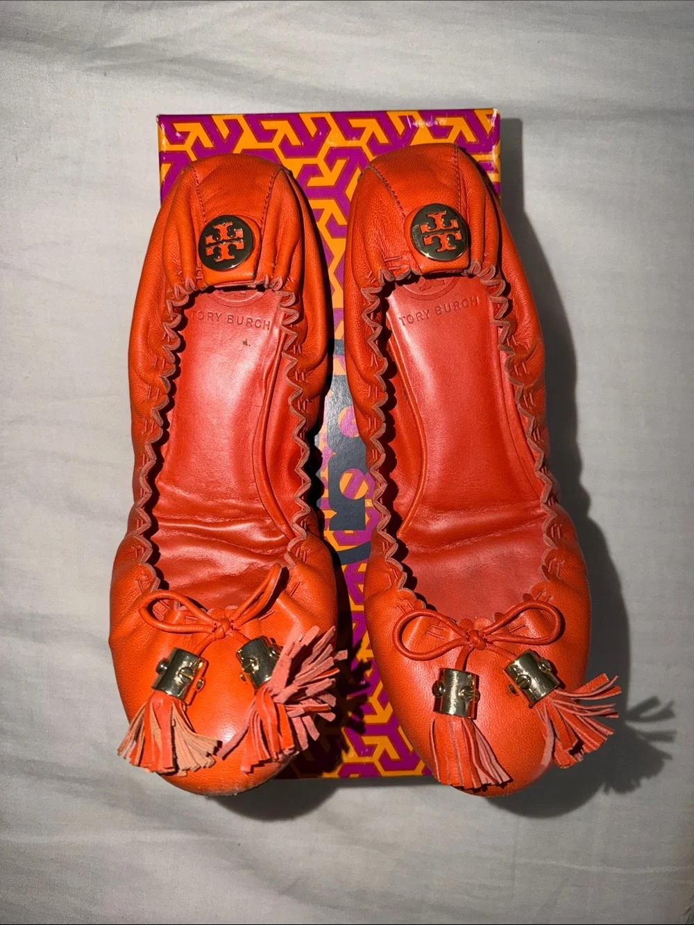 Tory Burch Bright Orange Leather Tassel Ballet Flats